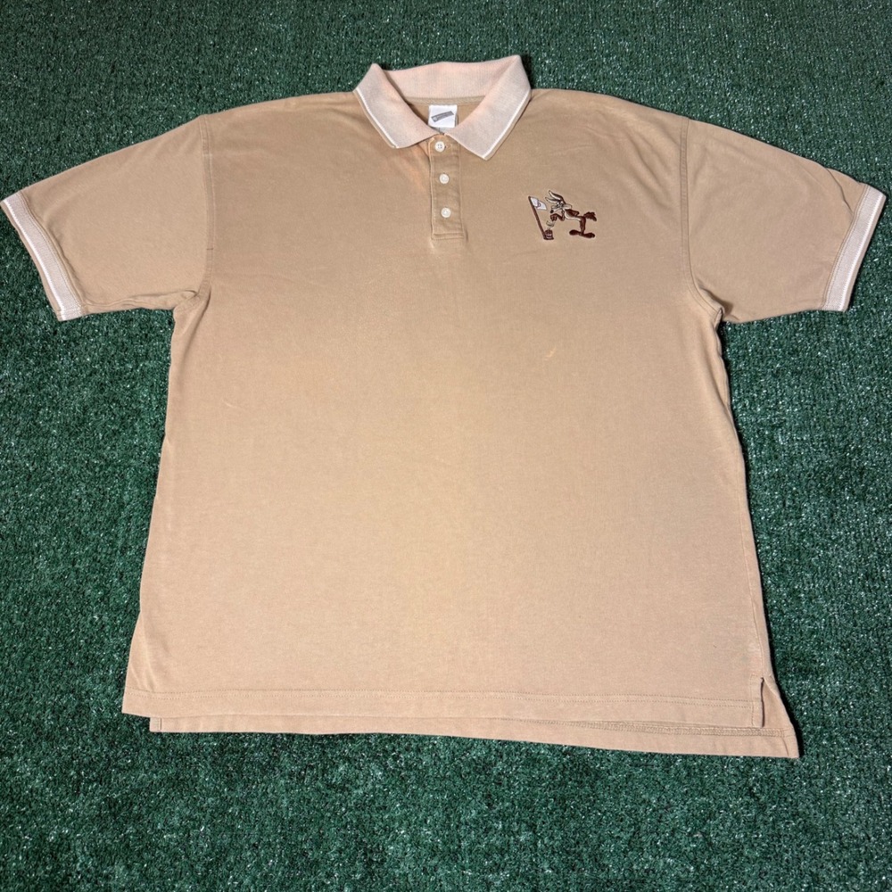 Vintage Warner Bros Studio Store Wile E Coyote Golf Polo Shirt Tan Mens Large